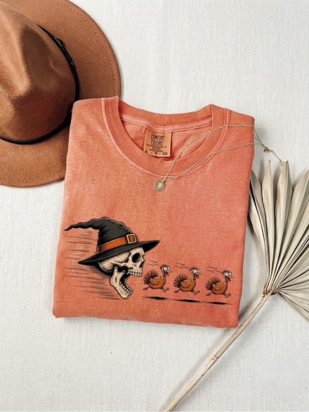 Comfort Colors Pumpkin Orange Short-Sleeve Tee with Skull & Turkey Graphic